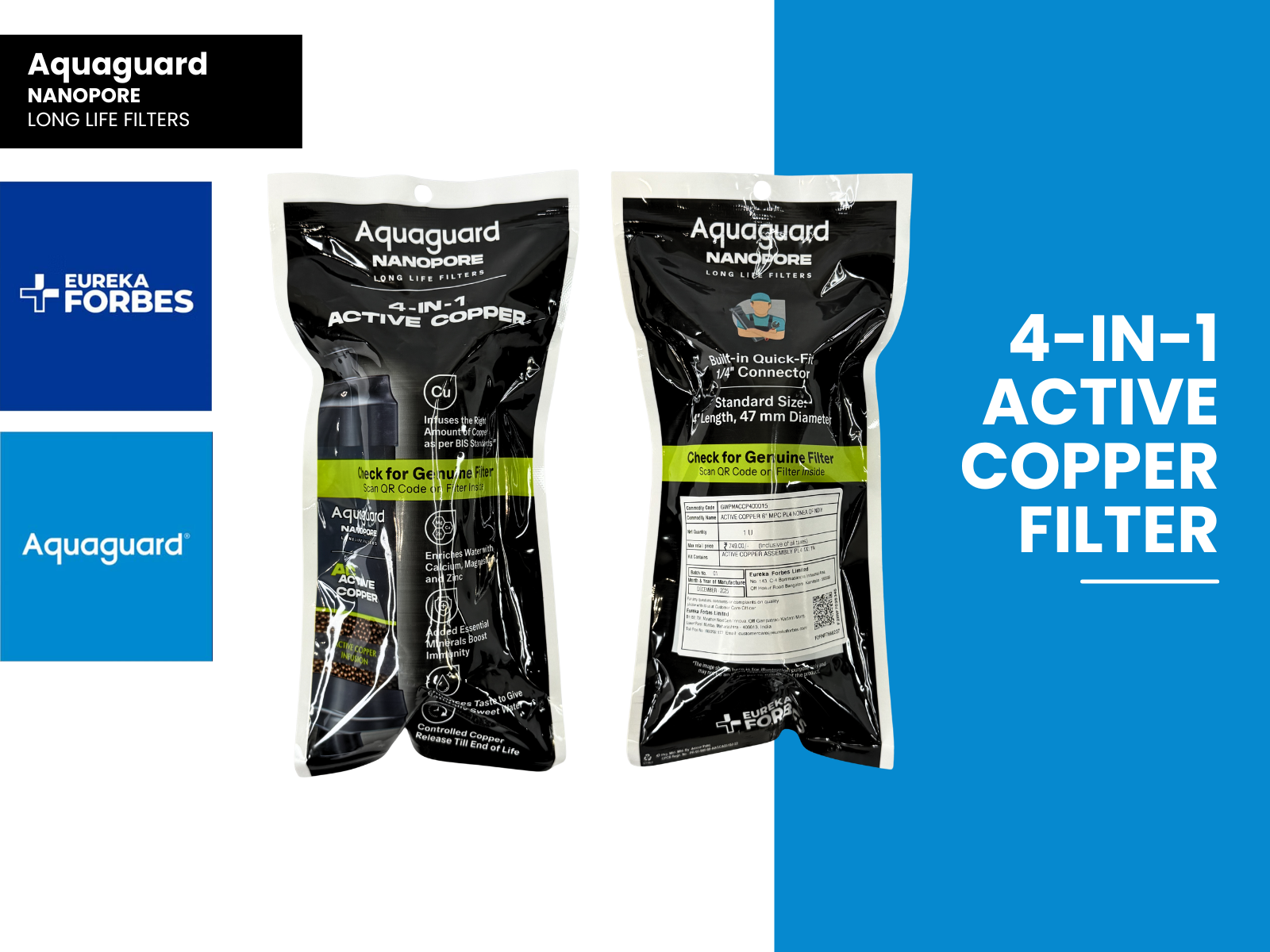 Eureka Forbes Aquaguard Active Copper 6" MPC PL4 Filter Cartridge – Quick Fit Replacement Part - 321 compatible models
