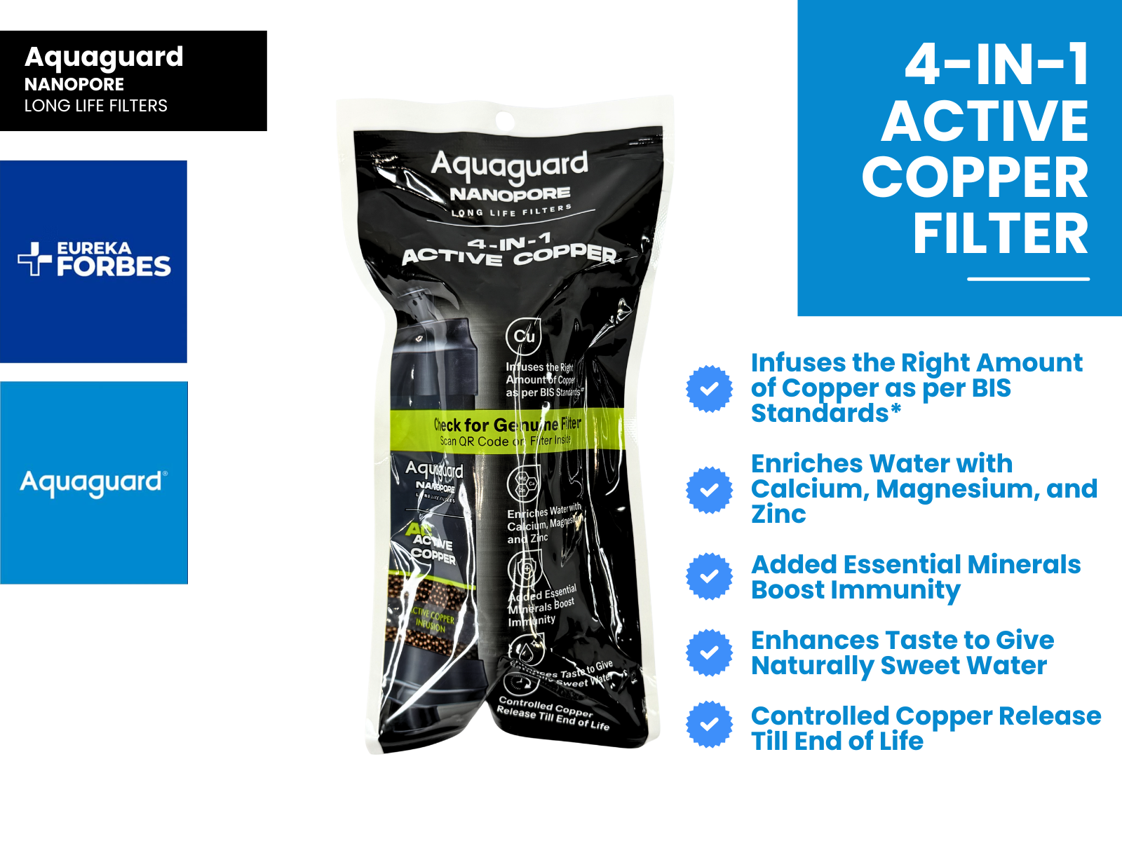 Eureka Forbes Aquaguard Active Copper 6" MPC PL4 Filter Cartridge – Quick Fit Replacement Part - 321 compatible models