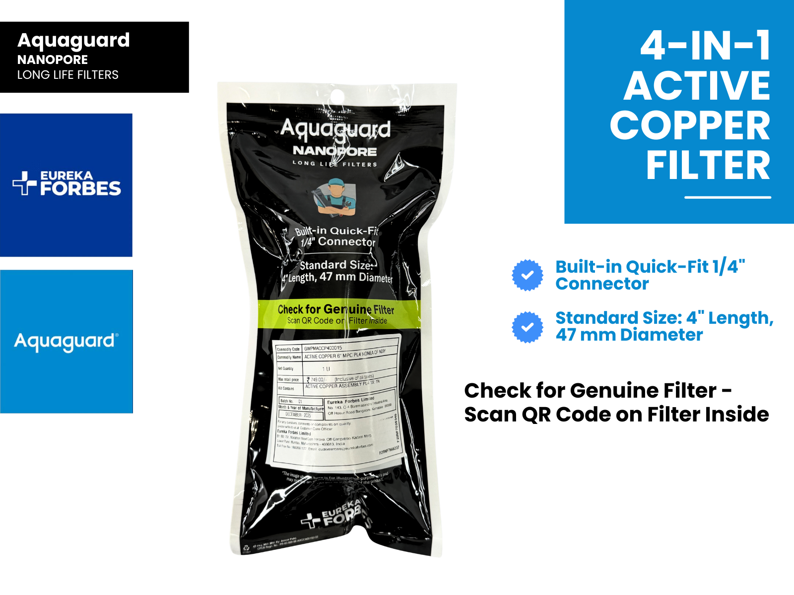 Eureka Forbes Aquaguard Active Copper 6" MPC PL4 Filter Cartridge – Quick Fit Replacement Part - 321 compatible models