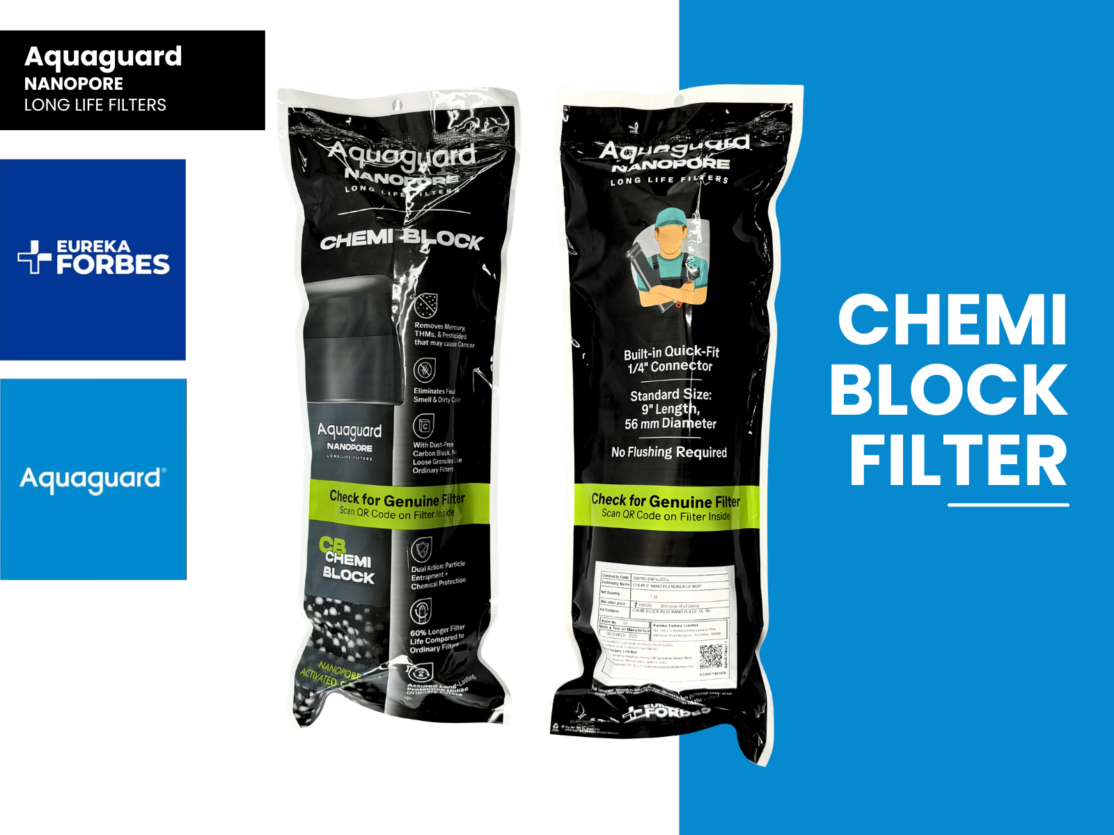 Eureka Forbes Aquaguard Compatible Chemi Block – 9" Nano PL4 Non-EA Quick Fit Filter - 321 compatible models