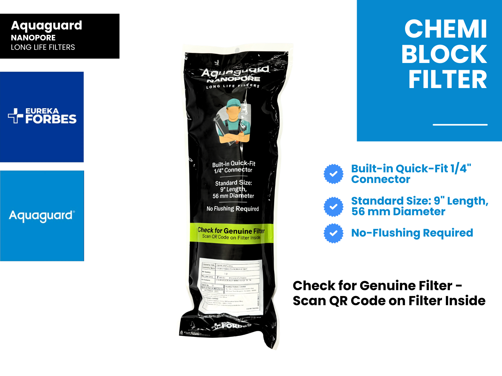 Eureka Forbes Aquaguard Compatible Chemi Block – 9" Nano PL4 Non-EA Quick Fit Filter - 321 compatible models