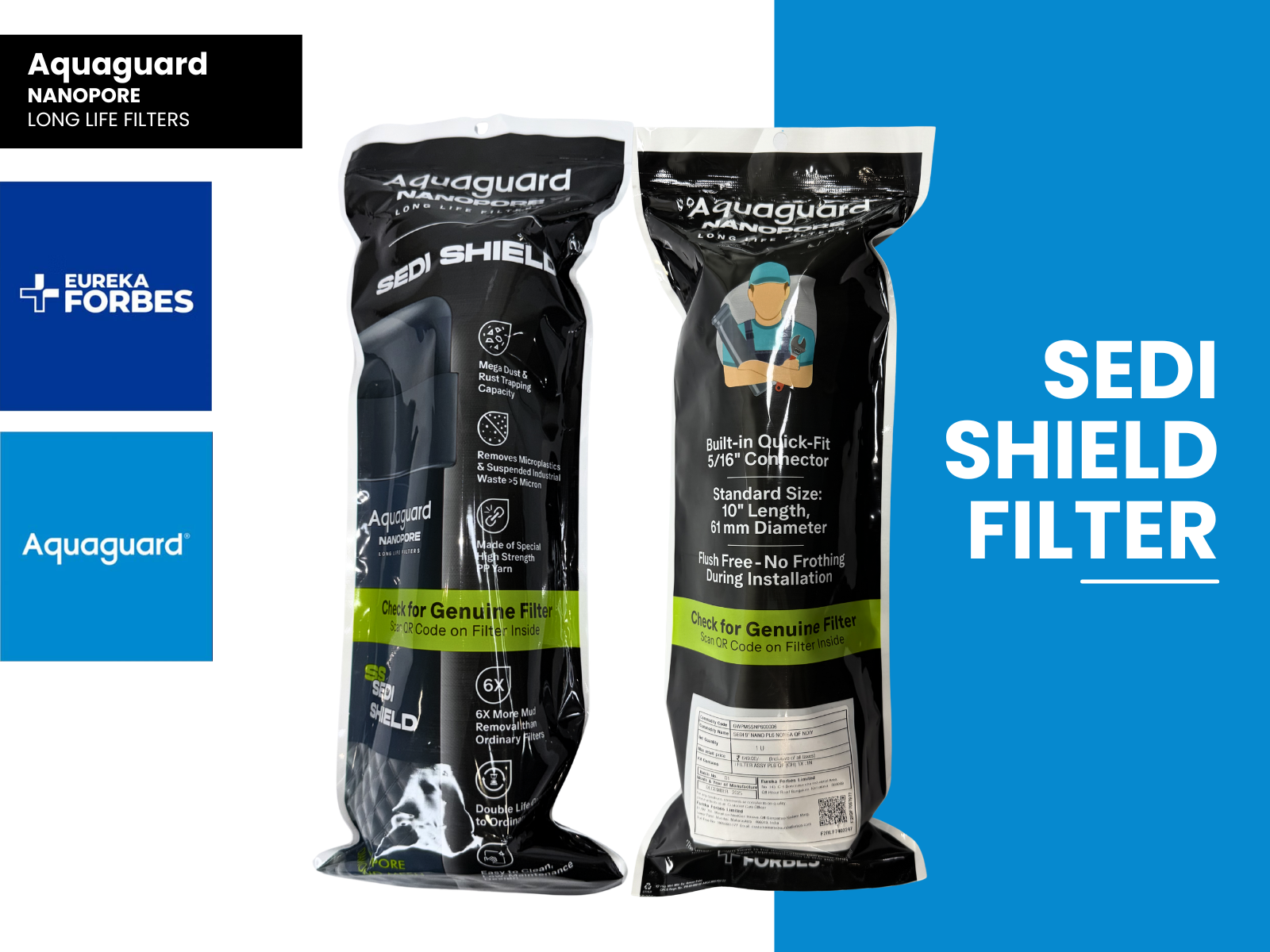 Eureka Forbes Aquaguard Sedi Shield | 9" Nano PL6 Non-EA Quick-Flush Water Filtration System - 321 compatible models