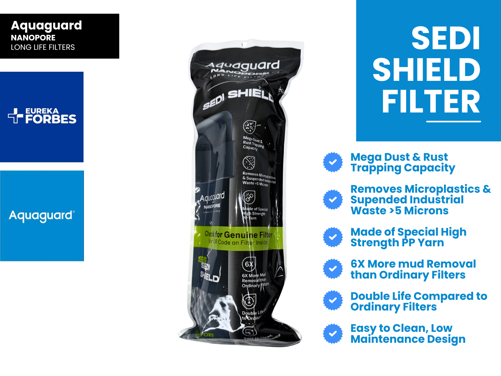 Eureka Forbes Aquaguard Sedi Shield | 9" Nano PL6 Non-EA Quick-Flush Water Filtration System - 321 compatible models