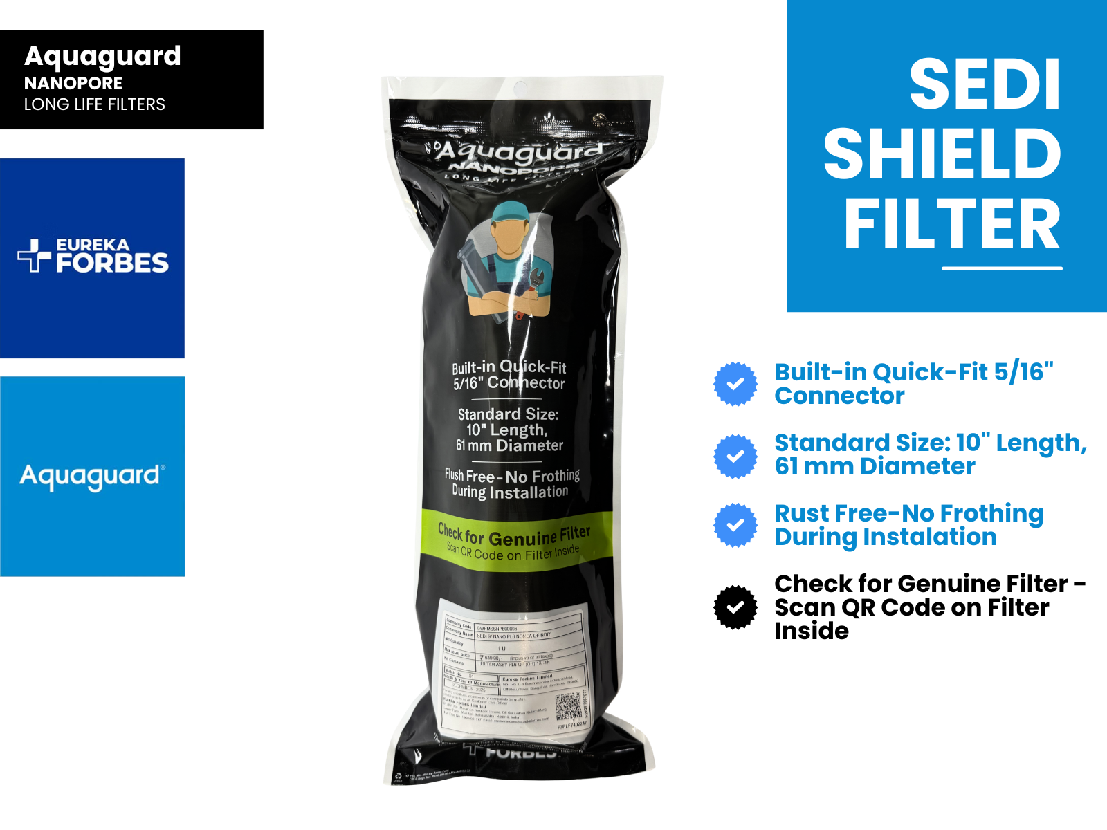 Eureka Forbes Aquaguard Sedi Shield | 9" Nano PL6 Non-EA Quick-Flush Water Filtration System - 321 compatible models