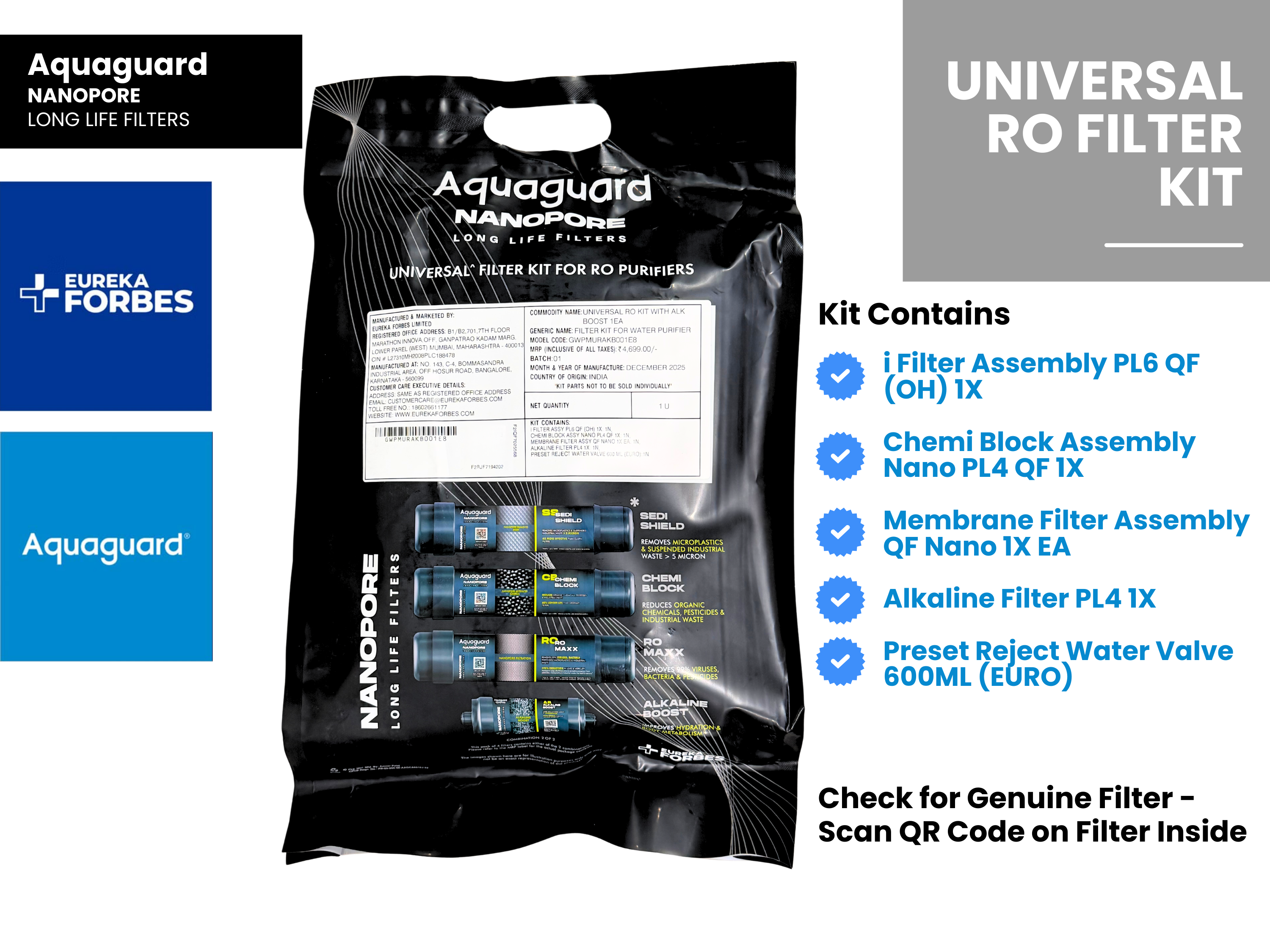 Eureka Forbes Aquaguard Nanopore RO Universal Kit with Alkaline Boost 1EA - 28 Compatible Models