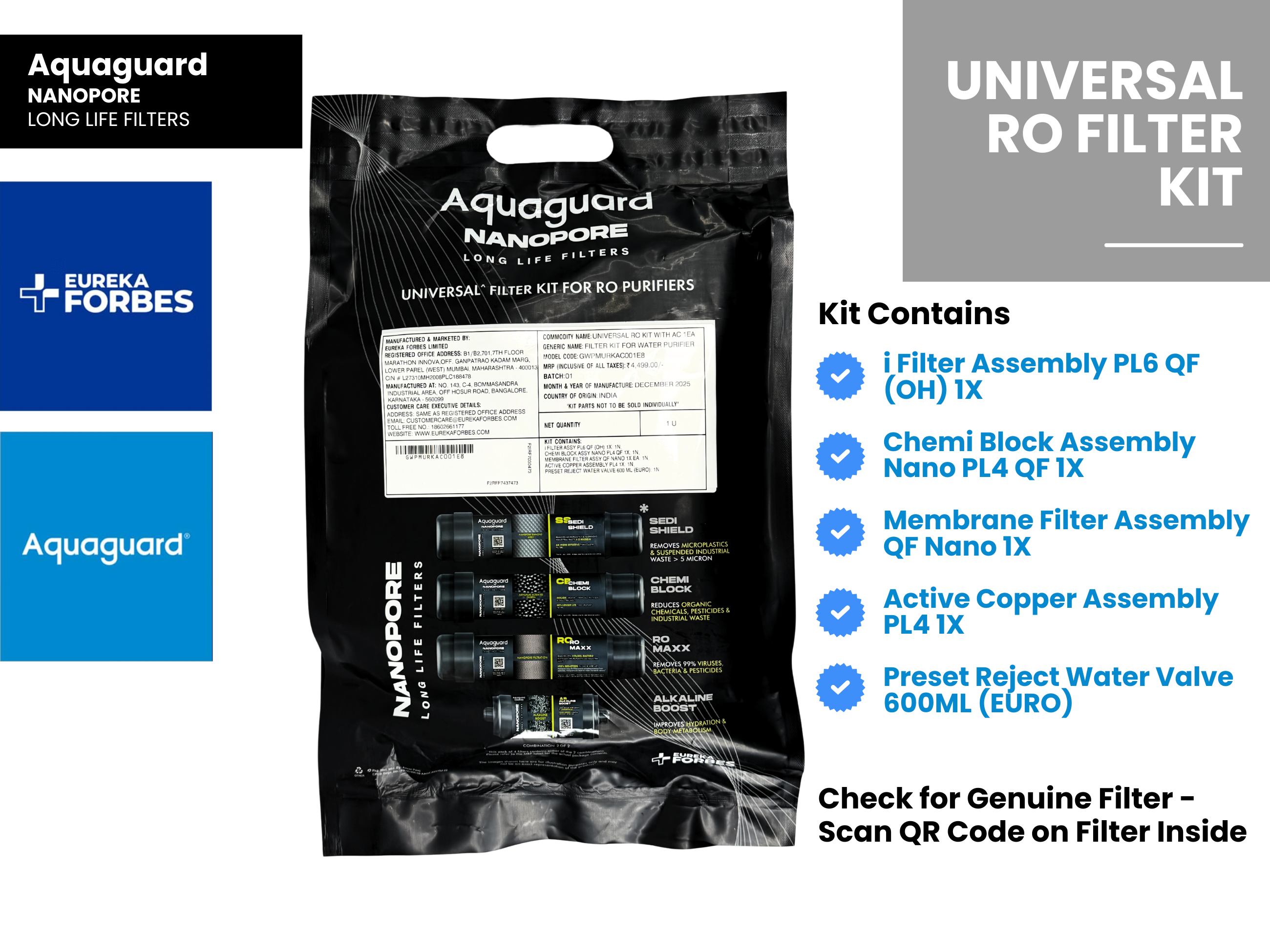 Eureka Forbes Aquaguard Nanopore RO Universal Kit with Active Copper 1EA - 321 Compatible Models