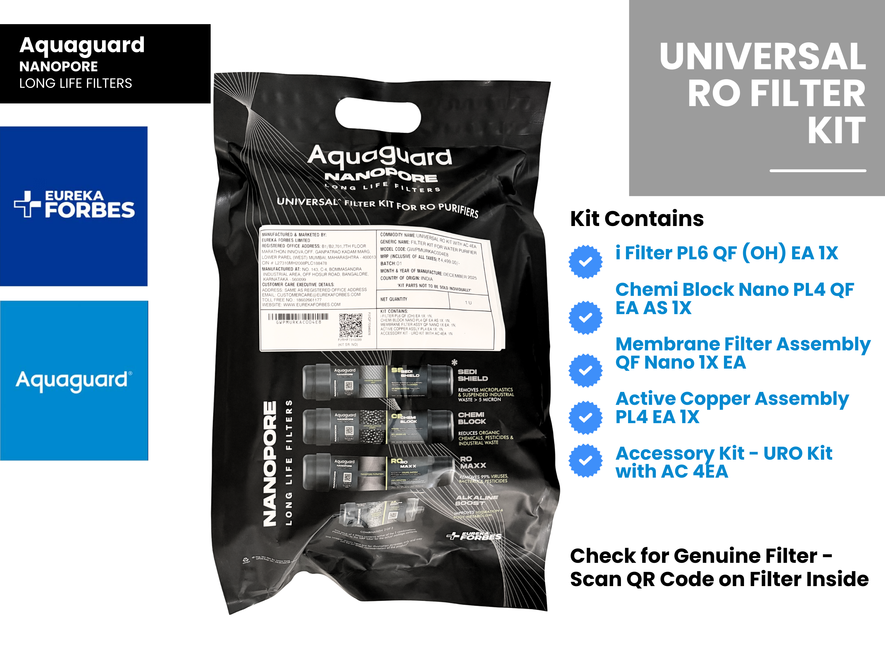Eureka Forbes Aquaguard Nanopore RO Universal Kit with Active Copper 4EA - 114 Compatible Models