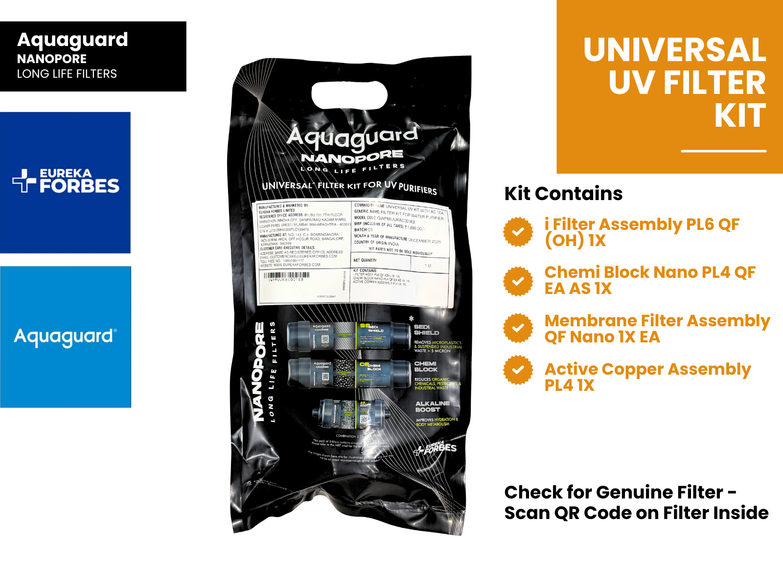 Eureka Forbes Aquaguard Nanopore UV Universal Filter Kit with Active Copper & 1EA - 87 Compatible Models