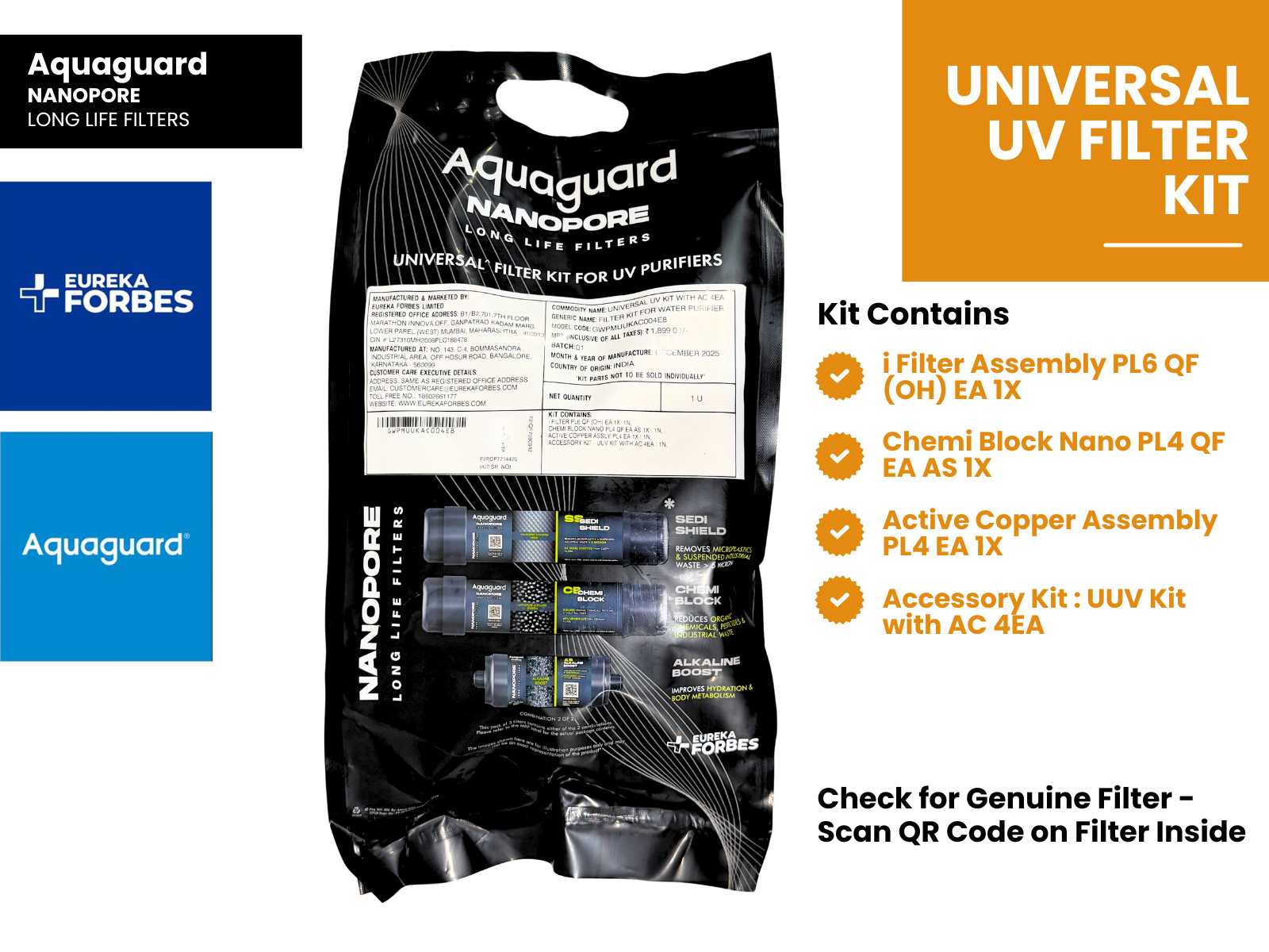 Eureka Forbes Aquaguard Nanopore UV Universal Filter Kit with Active Copper & 3EA - 42 Compatible Models